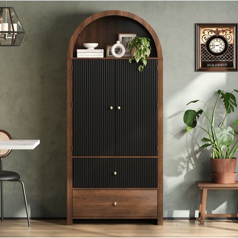 Armoire de rangement 80x40x180 cm noir et noyer en MDF avec niche ouverte, 2 tiroirs et étagères de porte (1/5)