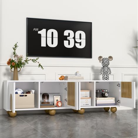Mueble TV 175x38x50 cm blanco y natural en MDF con 4 puertas y gran almacenaje (1/5)