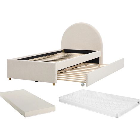 Lit avec tiroir gigogne 90 x 190 cm – Tissu bouclette – Crème + Matelas – LIRIMO (1/5)