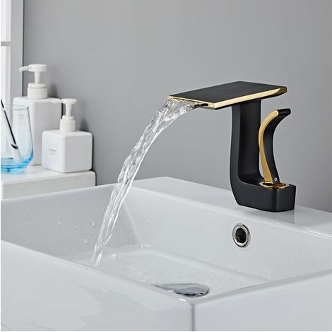 Grifo tipo cascada para lavabo de baño, con agua caliente y fría regulable, color negro y dorado. (1/3)