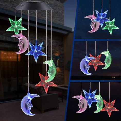 Guirlande lumineuse solaire Wekity, carillon éolien lune et étoile, éclairage extérieur étanche à six lampes suspendues LED à changement de couleur-AquaForge