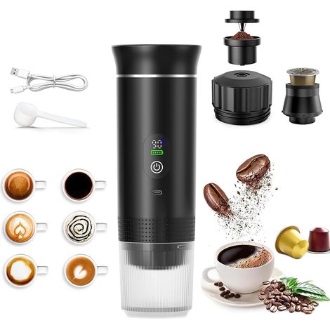 Cafetera portátil, cafetera espresso eléctrica con autocalentamiento, cafetera de cápsulas 2 en 1 para camping, senderismo y viajes. (1/5)