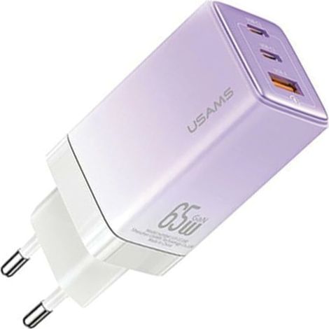 Chargeur réseau USAMS 2xUSB-C+1xUSB 65W (tête uniquement) GaN PD3.0 +QC3.0 Charge rapide violet/violet dégradé Série Sandru CC180TC03 (US-CC180) (1/5)
