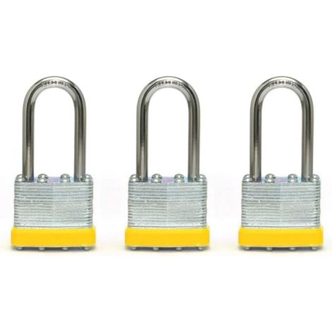 Kit de 3 cadenas avec arc long de 50 mm – même serrure avec 3 clés Acier laminé peint jaune Cadenas résistantes pour portes coffres-forts chantier et maison 181503 (1/4)