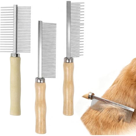 Juego de 3 peines para mascotas con mango de madera, con una fila simple, dos filas y cepillos de aseo para perros, gatos y animales pequeños con pelo largo y corto. (1/5)