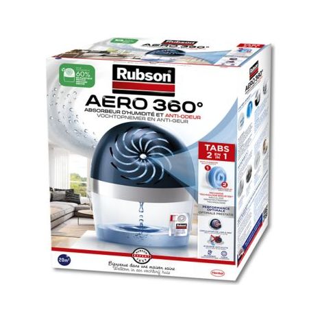 Rubson AERO 360° Absorbeur d'humidité pour pièces de 20 m², déshumidificateur d'air anti odeurs & anti moisissure, inclus 1 recharge neutre de 450 g