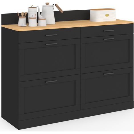 Doppelter Küchenschrank mit Topfablage, 120 cm, VITO, Arbeitsplatte, H. 83 cm, 6 Schubladen, Holz und Schwarz (1/5)