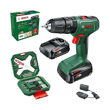 Bosch Trapano,percussione a batteria EasyImpact 18V-40 (2x batteria da 2,0 Ah, sistema 18 volt, set di cacciaviti e punte per legno, pietra e metallo da 34 pz, in confezione di cartone), Mandrino 13mm (1/4)