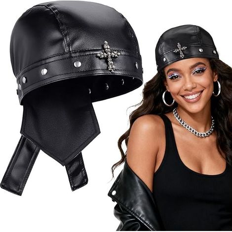 Cappello da motociclista in similpelle PU con teschio, classico cappello da motociclista in pelle alla moda, bandana gotica in pelle, berretto da moto unisex, taglia 18-23 pollici (1/5)