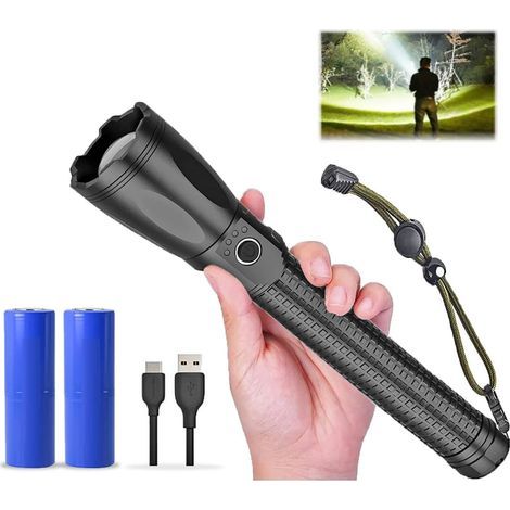 Torche LED 15000 Lumens, Version mise à niveau Torche rechargeable, Torche de camping super lumineuse, XHP70.2, IP56 imperméable, Zoomable (2 x 26650 batterie) (1/5)