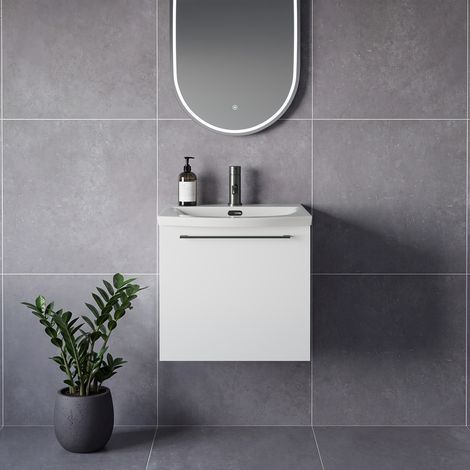 Napoli 390 Gloss White 500mm Wall Mounted Single Drawer Vanity Unit with Arc Basin - 500mm - Gunmetal Grey 320mm Handle