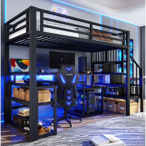 DESVIAE Lit mezzanine 90 x 200 cm avec bureau rangements étagés étagères port USB bande LED cadre en métal MDF noir (1/5)