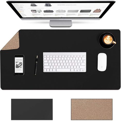 Sous-main de bureau en liège 80 x 40 cm, écologique, naturel et en cuir PU, double face, imperméable et multifonctionnel, idéal pour le bureau (noir).