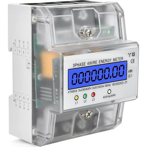 Stromzähler 3-Phasen 4-Draht Geeicht Drehstromzähler 230 / 400V 5-100A, LCD Digitaler Stromzähler Drehstromzähler Hutschiene für DIN Hutschiene Zwischenzähler Strom (3-Phasen 4-Draht) (1/5)