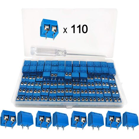 110 Pièces PCB Vis Connecteur, Bornier à Souder Bleu 5mm, Bornier à Vis de PCB Circuit Imprimé 2 Broches (Pin) (1/5)
