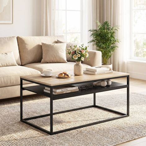 DESMIU Table basse avec 1 étagère ouverte et 4 patins réglables, salon, effet chêne, 100 × 59.8 × 47 cm (1/4)