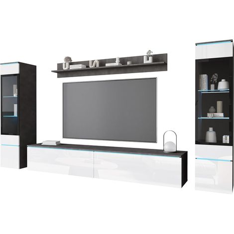Ensemble de meubles de salon VERA II – 2 vitrines 130cm – meuble TV 180cm – éclairage LED – couleur matera/blanc brillant