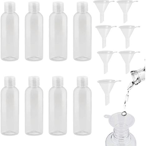 8 bouteilles de voyage bouteilles en plastique 100ml avec 8 petits entonnoirs transparent PET COSMETICS