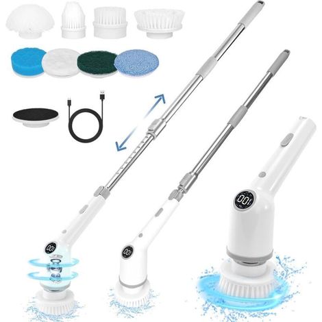 9-in-1 Cordless Electric Brush, Rechargeable 360° Rotating Cleaning Brush, 3 Speeds, Adjustable Telescopic Handle, for Bathtub, Tiles, Windows, Kitchen, Car (1/4)