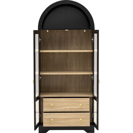 Highboard nero con ante in vetro trasparente, ripiani regolabili e 2 cassetti, 76,2 x 40,1 x 180 cm (1/5)