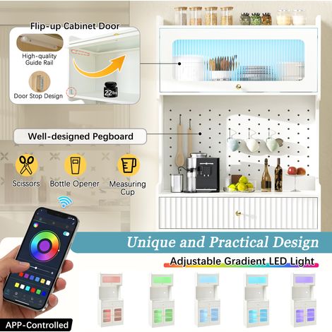 Buffet haut blanc en MDF avec étagères réglables, tiroirs, éclairage LED et portes en verre strié pour salon et cuisine (1/5)
