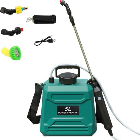 Spruzzatore elettrico con 3 ugelli nebulizzatori, Spruzzatore a spalla a batteria per annaffiare, pulire e disinfettare, 5 litri (1/5)