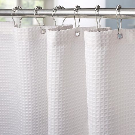 Rideau de douche gaufré avec anneaux métalliques, tissu polyester imperméable et résistant à la moisissure 150x180CM (Blanc) (1/5)