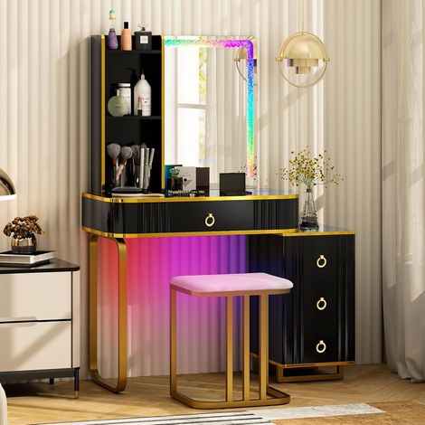 COSTWAY Schminktisch mit LED-Beleuchtung, Frisiertisch mit 7 dynamischen & 7 statischen dimmbaren LED-Leuchten, kabelloser Ladestation, USB-Anschluss & 4 Schubladen, Kosmetiktisch mit Hocker