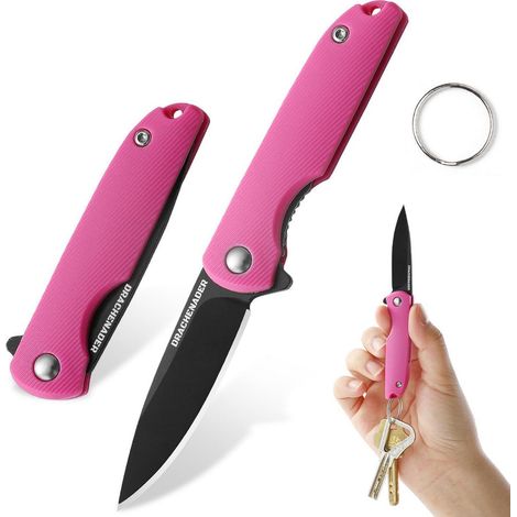 Mini Klappmesser mit Schlüsselanhänger, 5,2 cm Klinge, 5Cr13Mov Stahl, pink