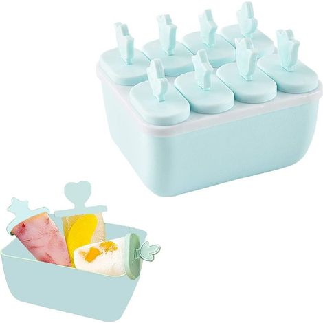 Eisform – 8 Mulden – Integrierter Boden – Wiederverwendbare Stiele – Für Saft, Joghurt, Püree, Gelatine – Blau (1/5)