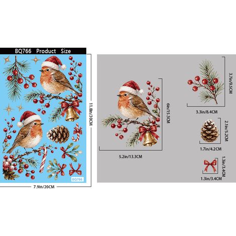 Chapeau de Noël, oiseau, autocollant pour fenêtre, décoration de Noël, autocollant pour verre, houx, baies rouges, branches de Noël, pomme de pin, autocollant statique