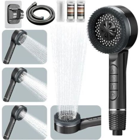 Pommeau de Douche Haute Pression, 4 Types de Jets avec Bouton D'arrêt D'eau Pommeau de Douche Anti Calcaire avec Tuyau Douche 1.5M et Support de Douche, Pommeau Douche Economie, Gris (Dark grey) (1/5)