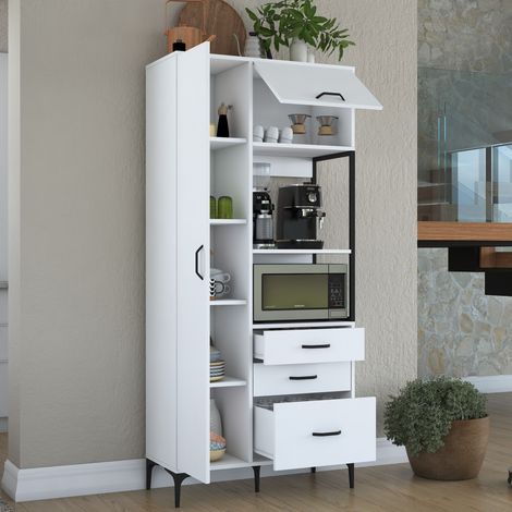 Credenza Solofra, Mueble 5 Estantes, 3 Cajones, 2 Puertas, 90x40x199h cm Blanco (1/5)