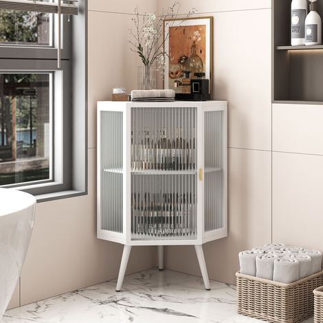 Placard d'angle 80CM, deux niveaux avec portes en verre trempé et étagères de rangement pour salle de bain, salon et chambre Blanc (Même SKU:W2552P235180) (1/4)