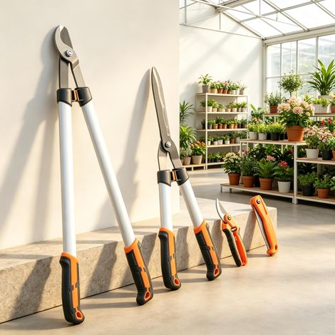 Ensemble de 4 outils de jardin comprenant un coupe-branches, un coupe-branches à lames croisées, un sécateur et une scie pliante, poignées en aluminium. (1/5)