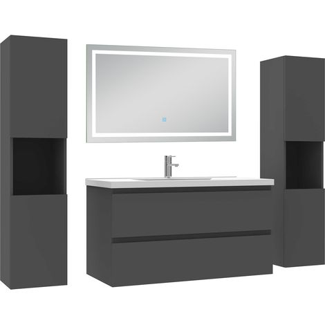 Aica Ensemble meubles Salle de Bain 100cm avec Colonne + Miroir Lumineux 3 Couleurs et Dimmable Anthracite (1/5)