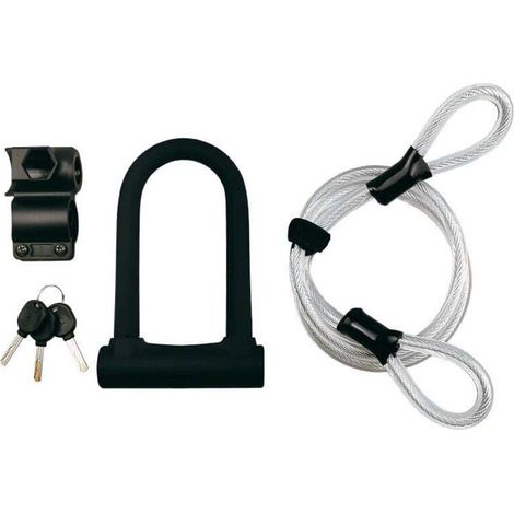Bicycle lock, U-lock with 1.2 m flexible steel cable and sturdy mounting bracket for bikes, bicycles, scooters, etc. (1/4)