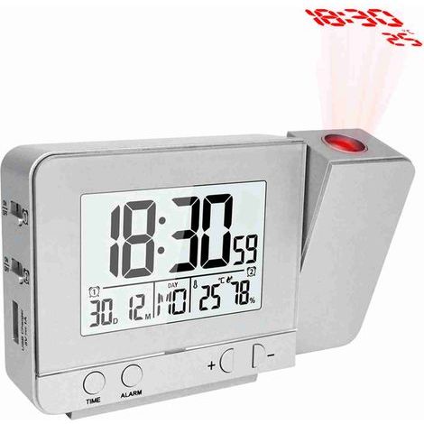 Réveil à projection pour chambre à coucher avec thermomètre et hygromètre, projet numérique, plafond, affichage LED à intensité variable, chargeur USB, rotatif à 180 °, double alarme, répétition 12/24 (1/5)