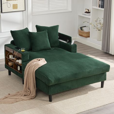 Canapé con chaise longue de pana verde esmeralda 129x170x70 cm con LED, USB, almacenaje y portavasos (1/5)