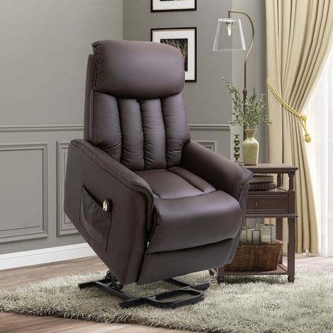 Poltrona TV elettrica reclinabile con sollevamento assistito, funzione reclinabile, poggiapiedi, tasca laterale, telecomando, per soggiorno, portata massima 150 kg, similpelle, marrone (1/5)