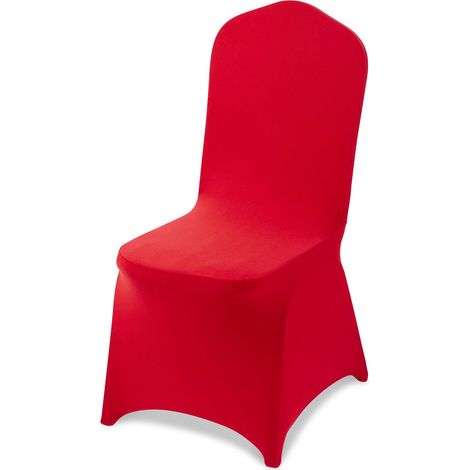 Lot de 50 housses de chaise rouges en polyester extensible pour mariages et réceptions, adaptées aux chaises jusqu'à 51x45x95 cm. (1/5)