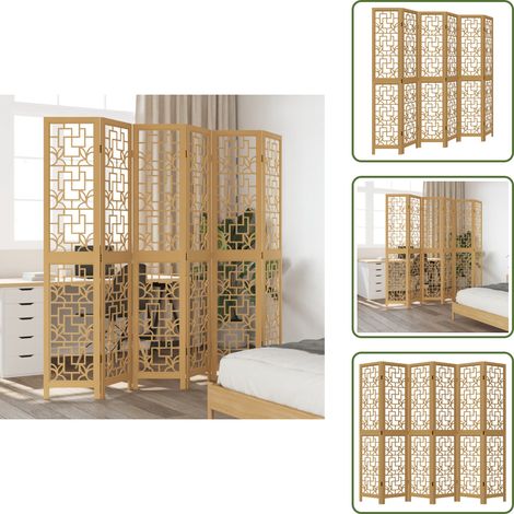 Cloison de séparation 6 panneaux marron bois paulownia massif - Séparateur De Pièce - Écran D'intimité - Cloison Pliable - Décoration Murale - Meuble Salle À Manger