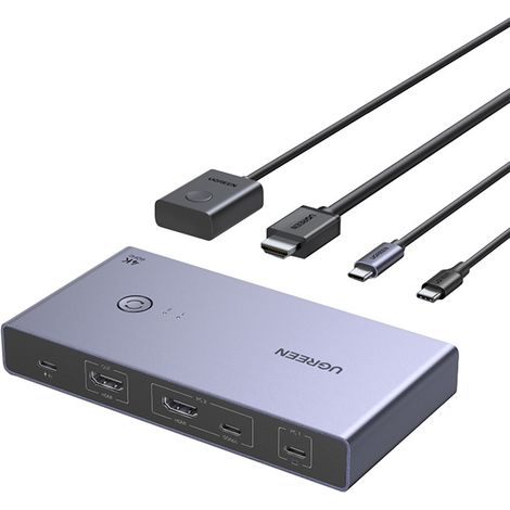 Commutateur KVM pour 2 ordinateurs et 1 moniteur : USB-C, HDMI 4K 60 Hz – Gris