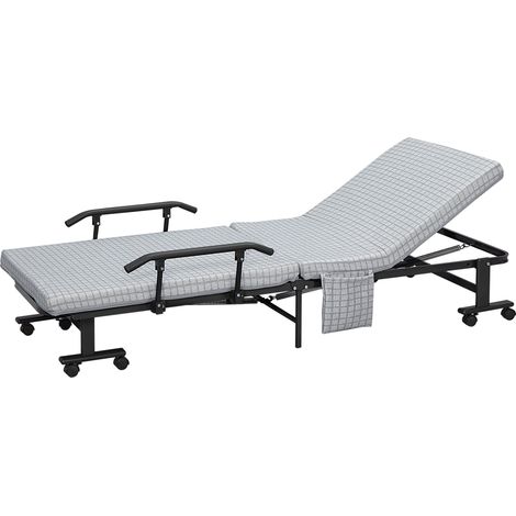 Lit pliant invité dossier inclinable accoudoirs 8 roulettes cadre acier gris clair noir 190x76x33 cm