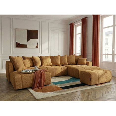 BOBOCHIC - Canapé panoramique convertible ROXELANE tissu bouclette avec pouf Angle droit Jaune (1/3)