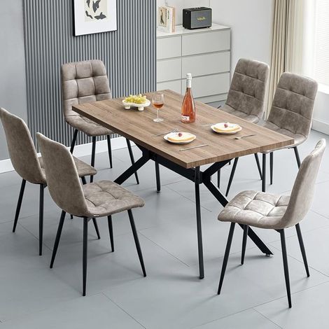 Ensemble table à manger - WAFTING - 140x80x73 cm - 6 chaises kaki tissu technique - Structure métal/MDF - Style scandinave (1/5)