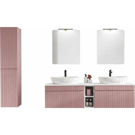 Insieme ICON: mobili sotto lavabo 180cm con nicchie visibili + due lavabi da appoggio + specchi + lampade LED + colonna