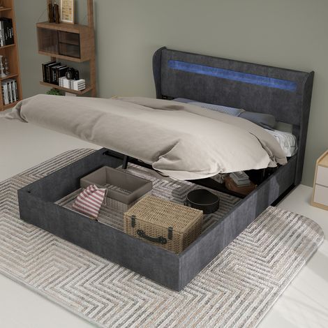 Lit rembourré minimaliste moderne avec tête de lit LED douce intégrée, 140x200 cm, gris, meuble de chambre multifonctionnel, base de rangement haute avec mécanisme à vérins à gaz, matelas non inclus. (1/5)