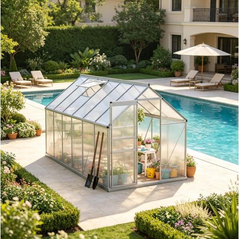 Invernadero de jardín walk-in de aluminio y policarbonato 375 x 190 x 199 cm OKMYHOME (1/5)