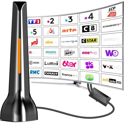 Antenne TV Intérieur, Antenne TV Intérieur Puissante, Réception 360° Jusqu’à 420 Km, Base Magnétique pour Installation Facile, Accès Aux Chaînes TNT Locales, Compatible 4K 1080p Full HD HDTV (1/5)